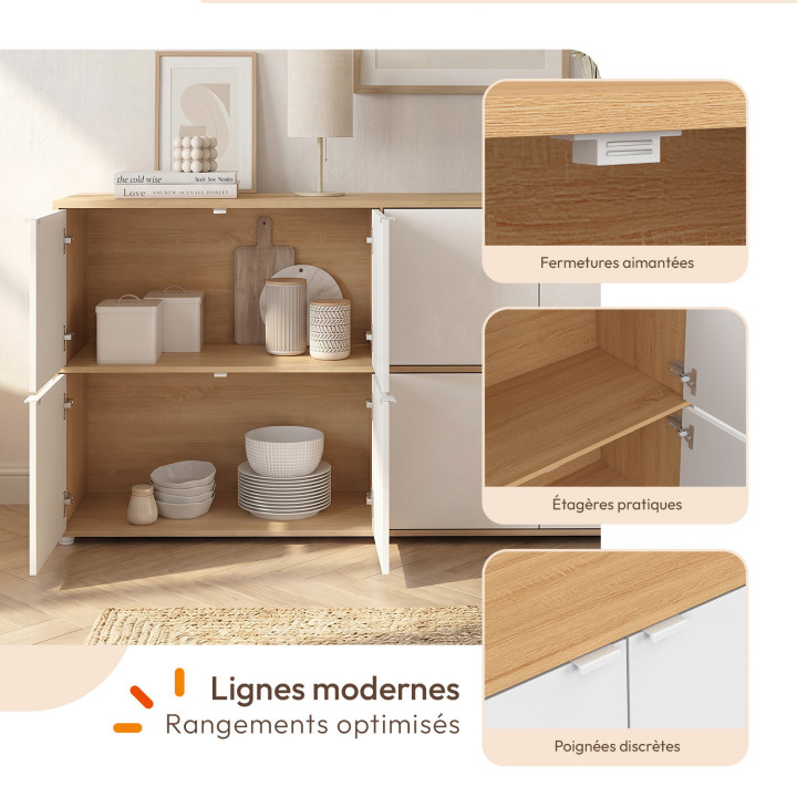 Aparador con compartimentos de 130 cm y 8 puertas, en blanco y madera - CASSIE