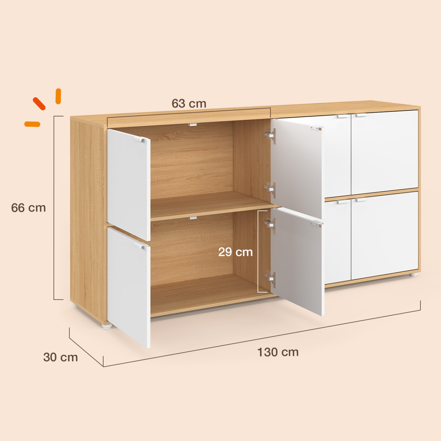 Schrank mit Fächern, 130 cm, 8 Türen, weiß und Holz – CASSIE