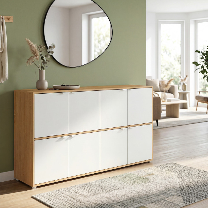 Aparador con compartimentos de 130 cm y 8 puertas, en blanco y madera - CASSIE