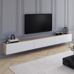 270 cm breiter hängender TV-Schrank mit 3 Türen in Holz und Weiß – ELIO