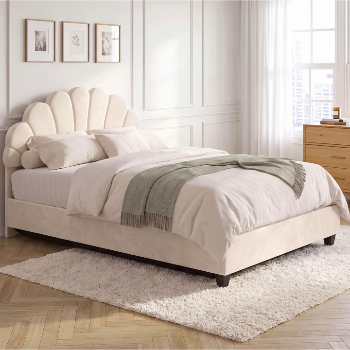 Lit coffre double coquillage AMANDA avec sommier 140 x 190 cm velours beige