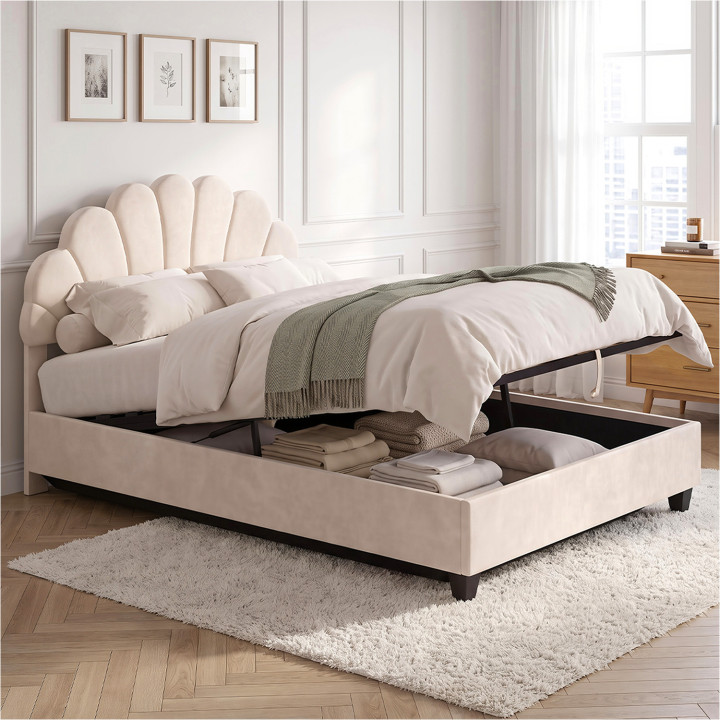 Letto matrimoniale a conchiglia AMANDA con testiera e rete 140 x 190 cm in velluto beige