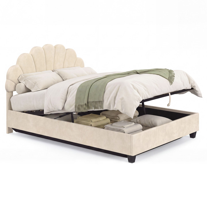 Lit coffre double coquillage AMANDA avec sommier 140 x 190 cm velours beige