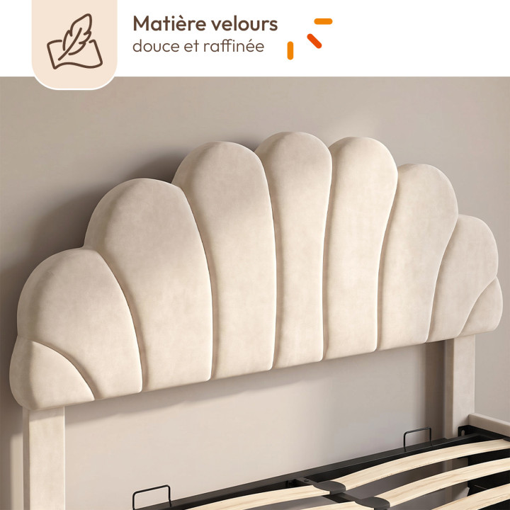 AMANDA tweepersoons opbergbed in schelpvorm met hoofdeinde en lattenbodem 140 x 190 cm, beige fluweel