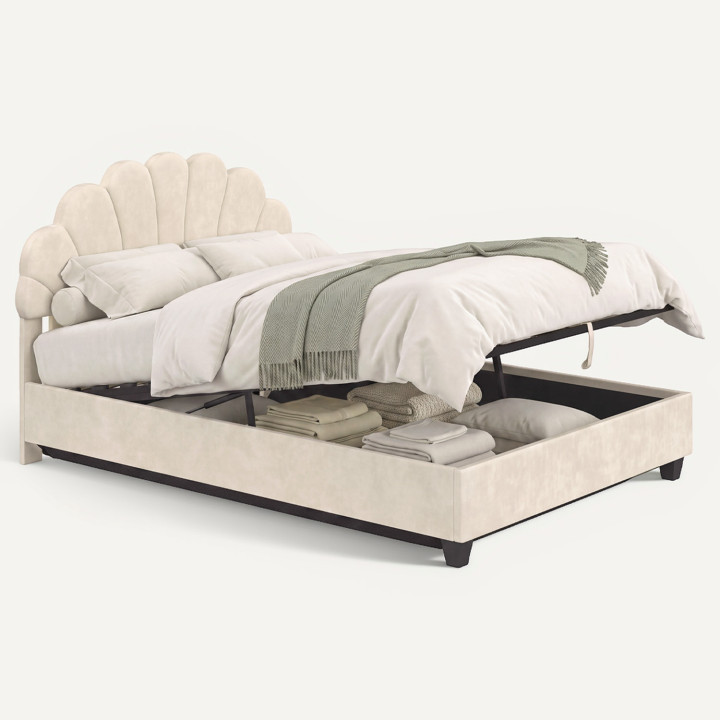 AMANDA tweepersoons opbergbed in schelpvorm met hoofdeinde en lattenbodem 140 x 190 cm, beige fluweel
