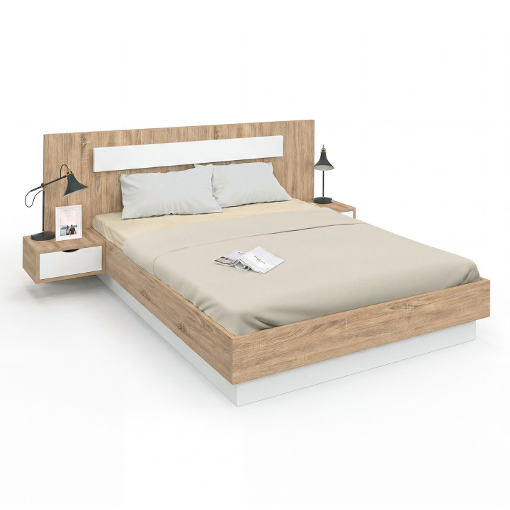 Hout en wit tweepersoonsbed 140x190 met hoofdeinde en nachtkastjes - SANTA