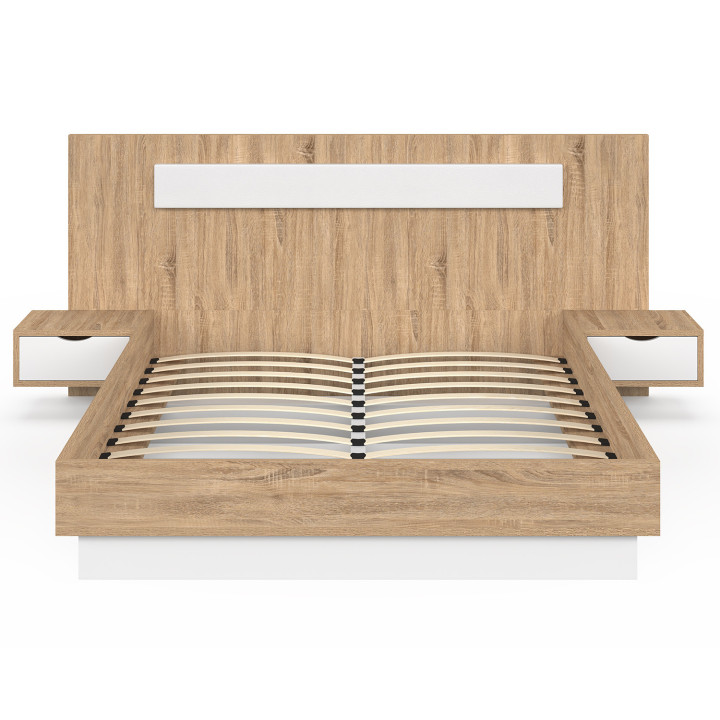 Lit double de 140 x 190 cm avec tête de lit et tables de chevet bois et blanc - SANTA
