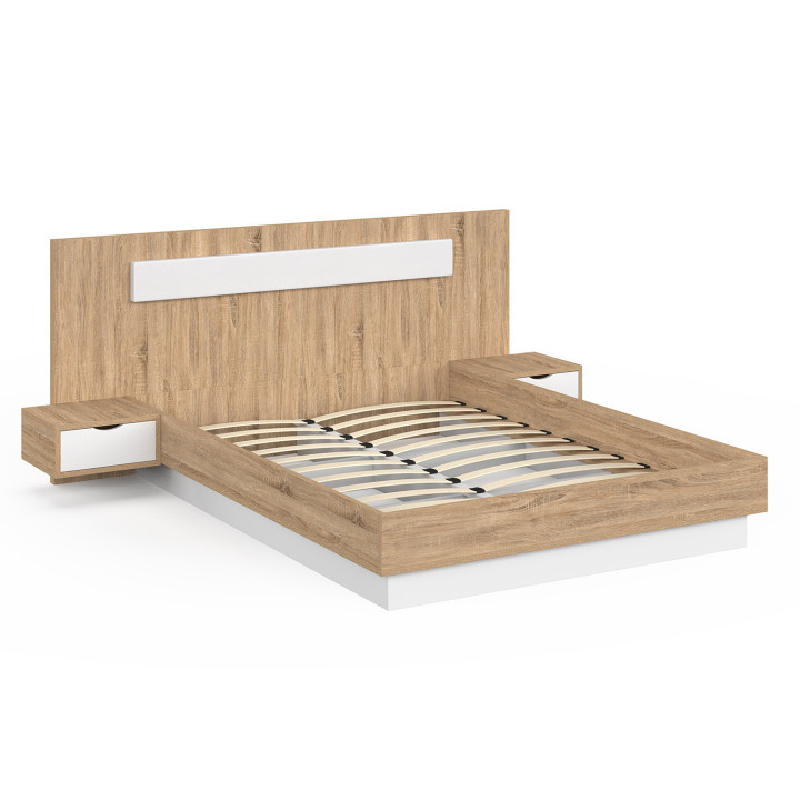 Hout en wit tweepersoonsbed 140x190 met hoofdeinde en nachtkastjes - SANTA