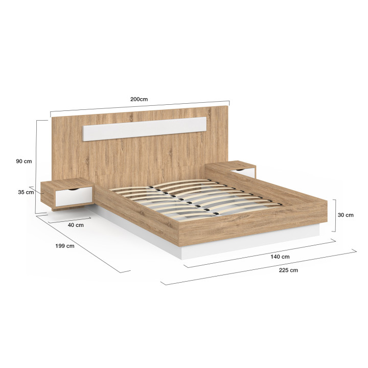 Lit double de 140 x 190 cm avec tête de lit et tables de chevet bois et blanc - SANTA