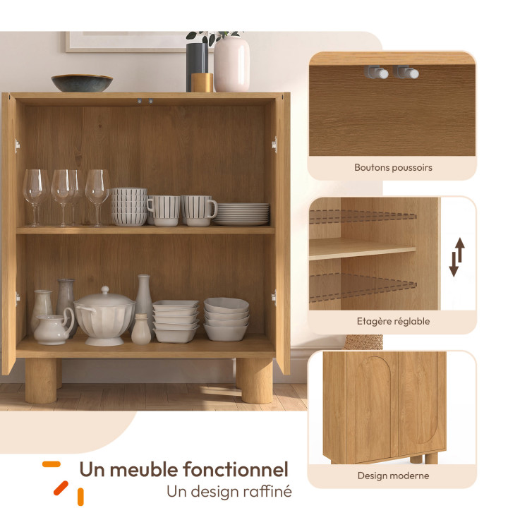 Bijzettafel met 2 deuren, 70 cm, ARCHIE-ontwerp, boogvorm, houtlook