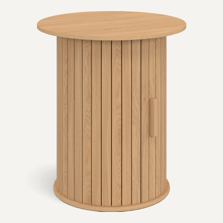 Ronde bijzettafel, salontafel, nachtkastje JULIETTE 45 cm met opbergruimte binnenin, latten en houten latten in eikenkleur