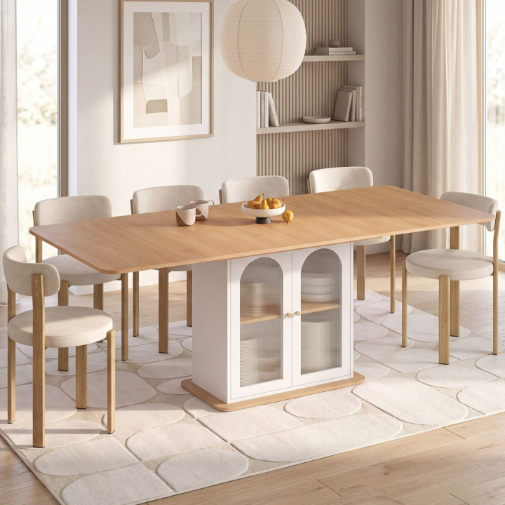 Table à manger extensible rectangle arrondi PAULA 6-10 personnes avec portes vitrées cannelées bois 160-200 cm