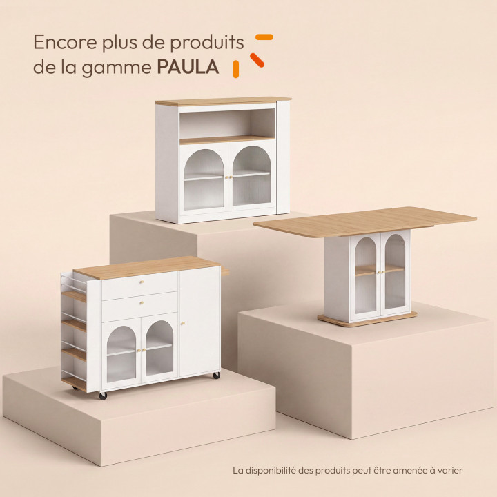 Table à manger extensible rectangle arrondi PAULA 6-10 personnes avec portes vitrées cannelées bois 160-200 cm