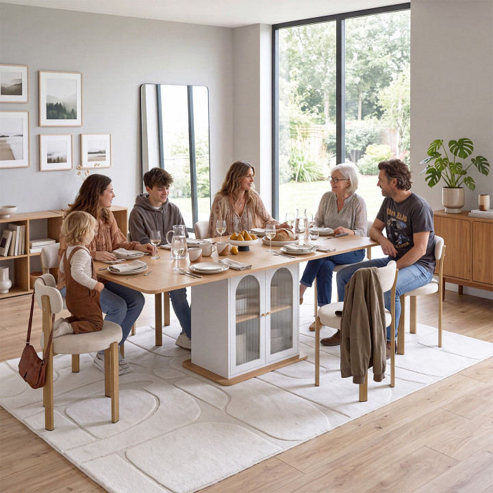 Tavolo da pranzo allungabile rettangolare con angoli arrotondati PAULA per 6-10 persone, con ante in vetro scanalate in legno e