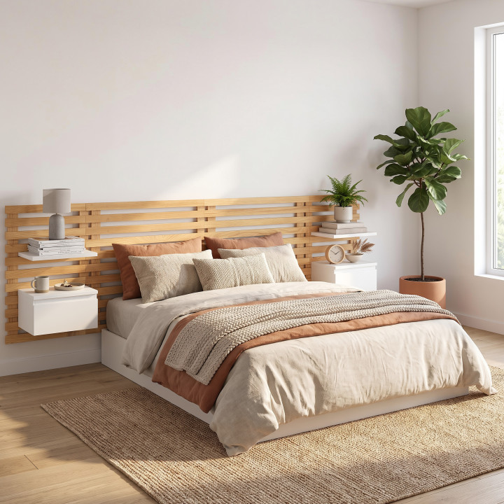 Tête de lit suspendue en lattes AVA 240 cm avec chevets + tiroir façon bois et blanc