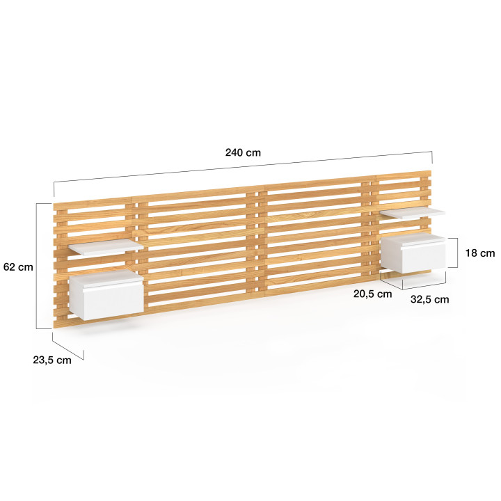 Tête de lit suspendue en lattes AVA 240 cm avec chevets + tiroir façon bois et blanc