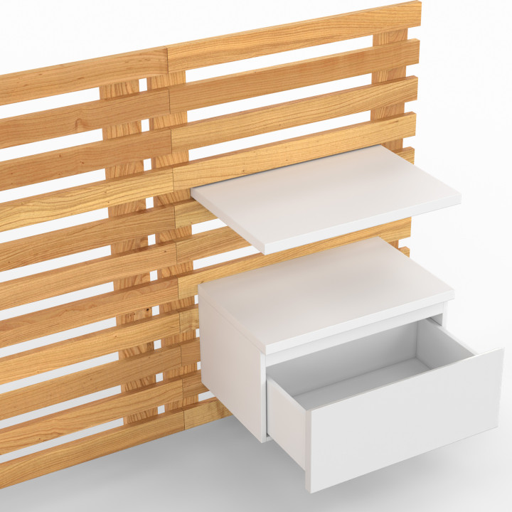 Houten lattenbodem 240 cm met witte nachtkastjes en planken - AVA