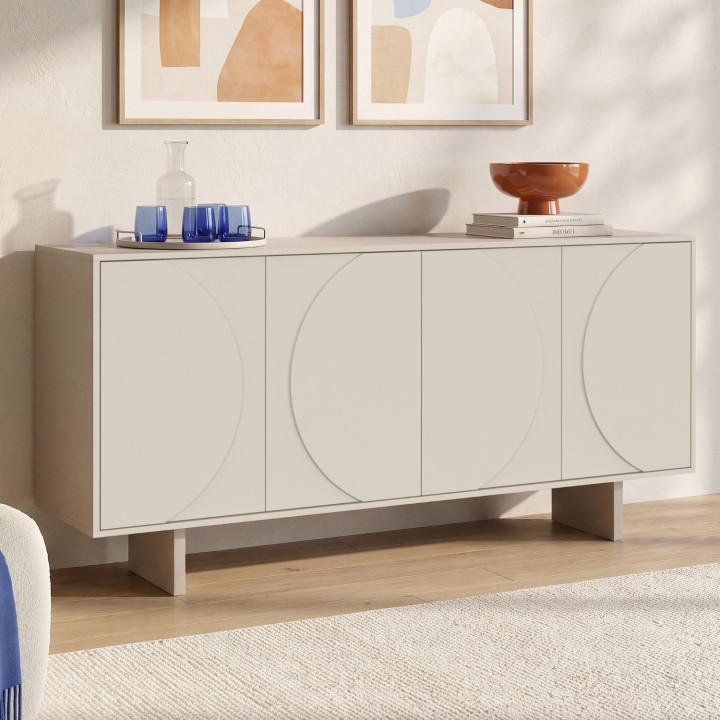 ARVIN-buffetkast van 160 cm met 4 deuren en afgeronde reliëfdetails, in beige houtkleur