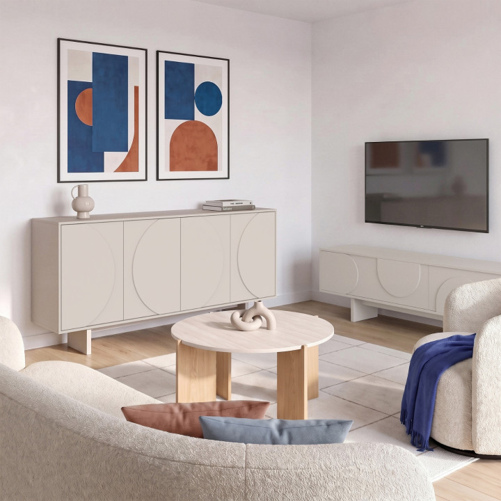 Credenza ARVIN da 160 cm a 4 ante con profili arrotondati, in legno color beige
