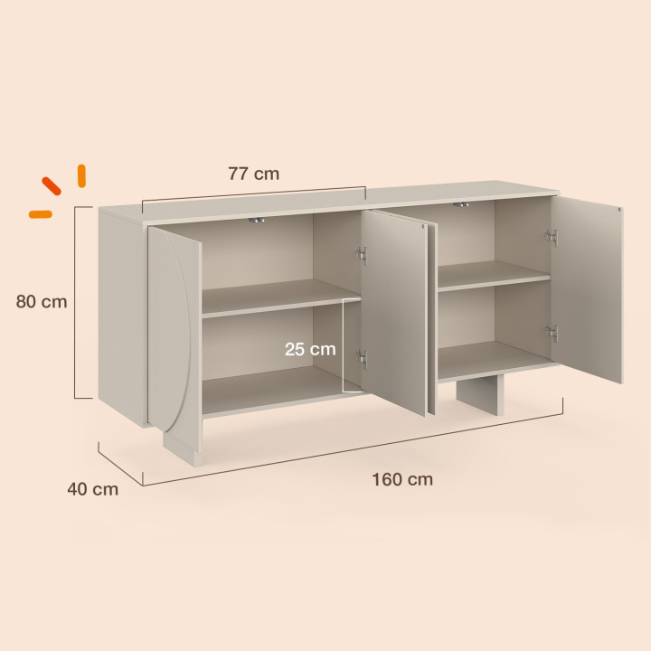 Buffet 160 cm ARVIN 4 portes à reliefs arrondis bois coloris beige