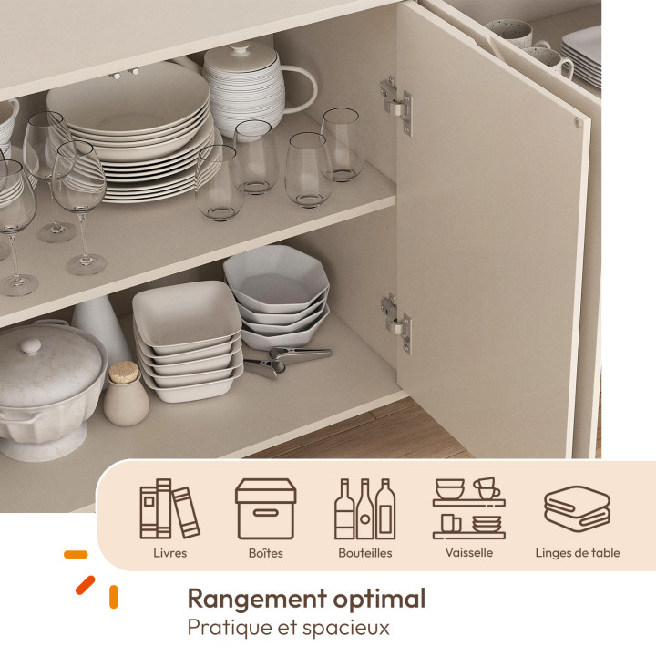 Buffet 160 cm ARVIN 4 portes à reliefs arrondis bois coloris beige