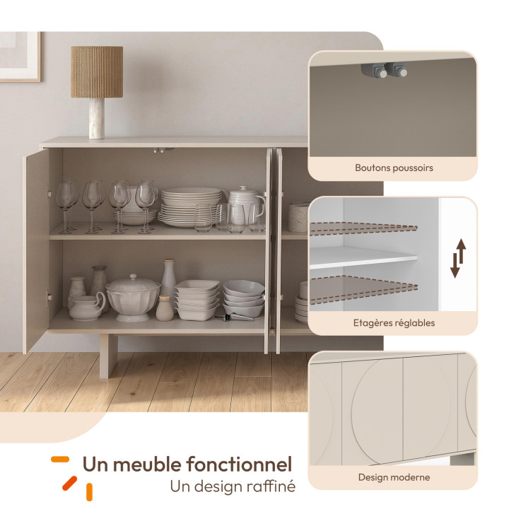 Credenza ARVIN da 160 cm a 4 ante con profili arrotondati, in legno color beige
