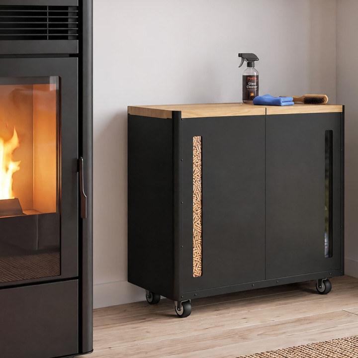 Doppio serbatoio per pellet da 60 kg, nero, e mobile porta-pellet e accessori, 73 x 30 x 60 cm