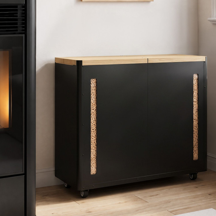 Doppelter Pelletbehälter für 60 kg, schwarz, sowie Holzregal zur Aufbewahrung von Pellets und Zubehör, 73 x 30 x 60 cm
