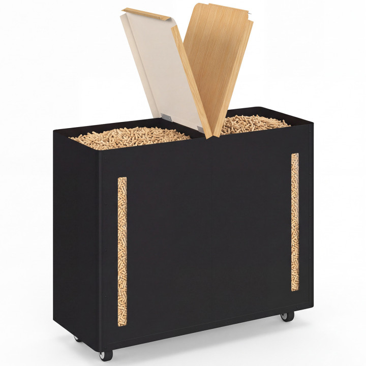 Depósito doble para pellets de 60 kg, negro y de madera, con espacio para guardar pellets y accesorios, 73 x 30 x 60 cm