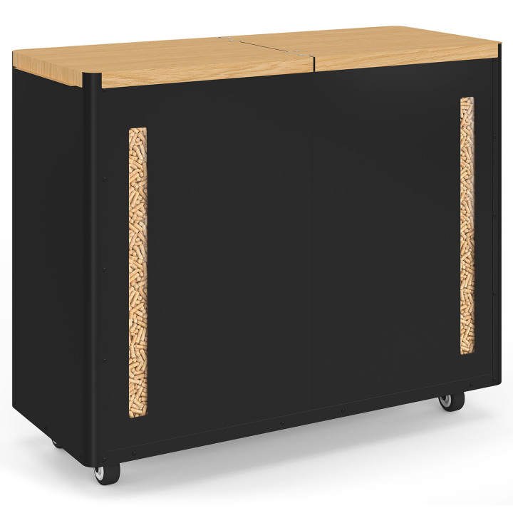 Dubbele pelletbak van 60 kg, zwart en houtkleurig, opbergruimte voor pellets en accessoires, 73 x 30 x 60 cm
