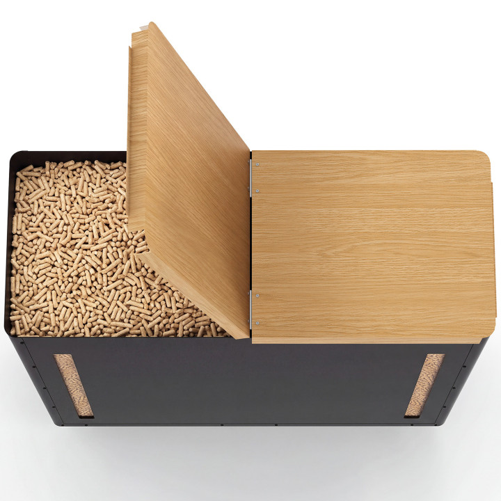 Double réservoir à granulés 60 kg noir et bois rangement à pellets et accessoires 73 x 30 x 60 cm