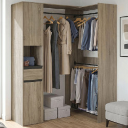 Dressing d'angle modulable L. 145 / 203 cm MELMAN triple penderie + portes + tiroir + étagères bois et noir