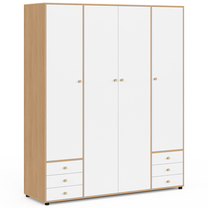Kleiderschrank 4-türig BRUNE weiß und Holz Doppelkleiderschrank 160 cm mit 6 Schubladen und Regalen