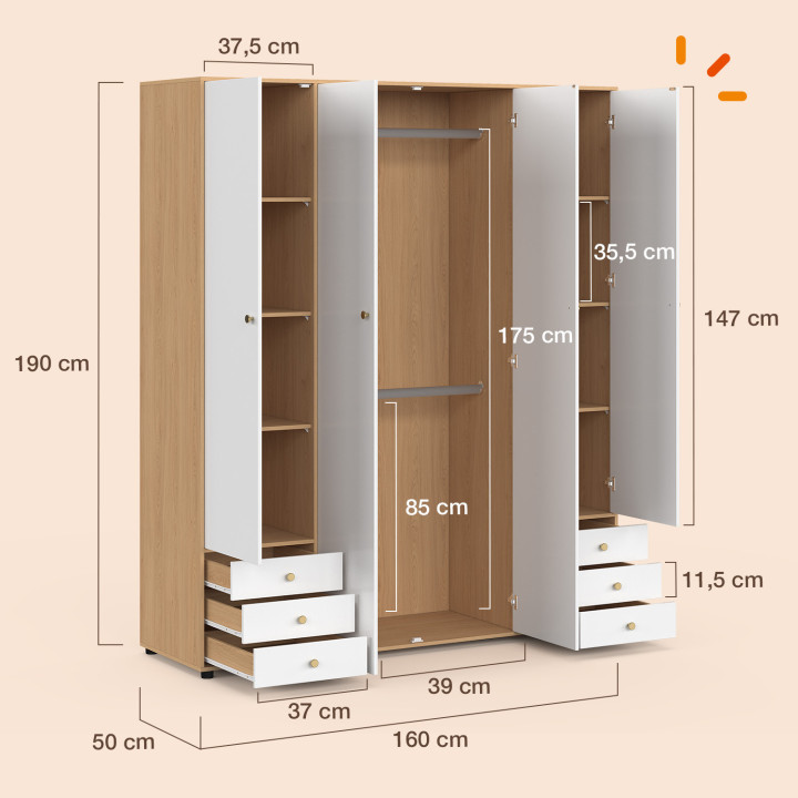 4-deurs BRUNE wit en houten kledingkast 160 cm met 6 laden en legplanken