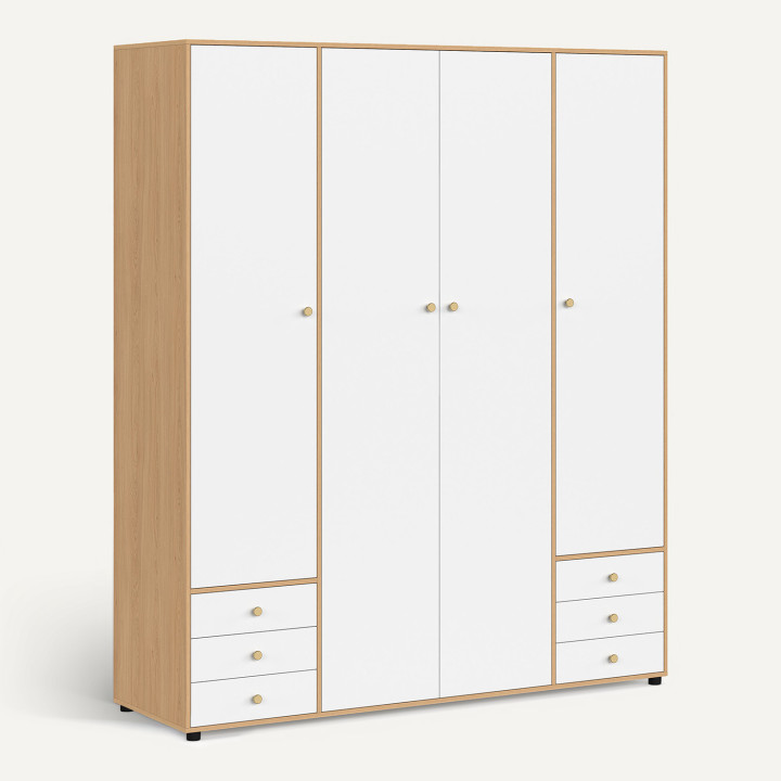 4-deurs BRUNE wit en houten kledingkast 160 cm met 6 laden en legplanken