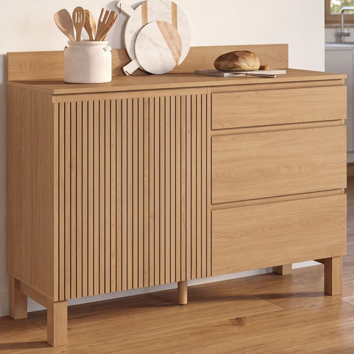 Buffet bas casserolier de cuisine 120 cm JULIETTE plan de travail H.83 cm 1 porte + 3 tiroirs effet lattes tasseau bois
