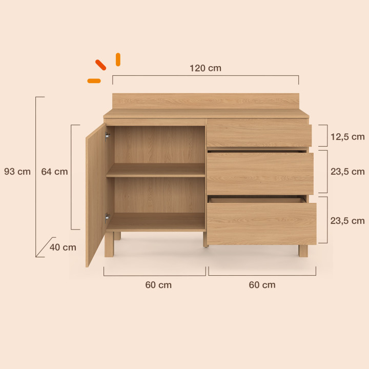 Laag keukenkastje met pannenrek, 120 cm, JULIETTE, werkblad H.83 cm, 1 deur + 3 lades, lattenlook met houten latten