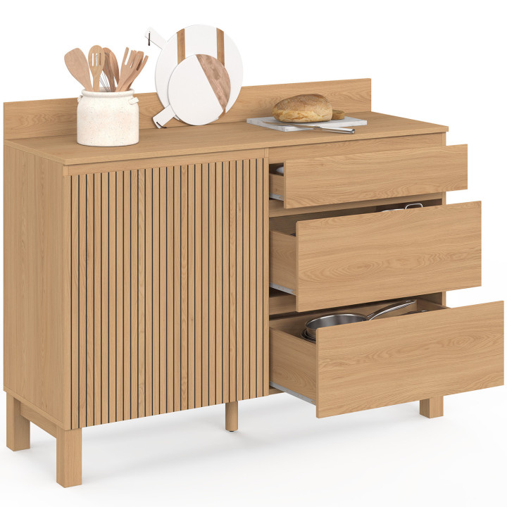 Laag keukenkastje met pannenrek, 120 cm, JULIETTE, werkblad H.83 cm, 1 deur + 3 lades, lattenlook met houten latten