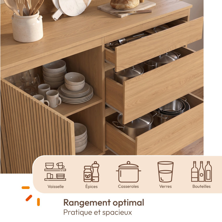 Laag keukenkastje met pannenrek, 120 cm, JULIETTE, werkblad H.83 cm, 1 deur + 3 lades, lattenlook met houten latten