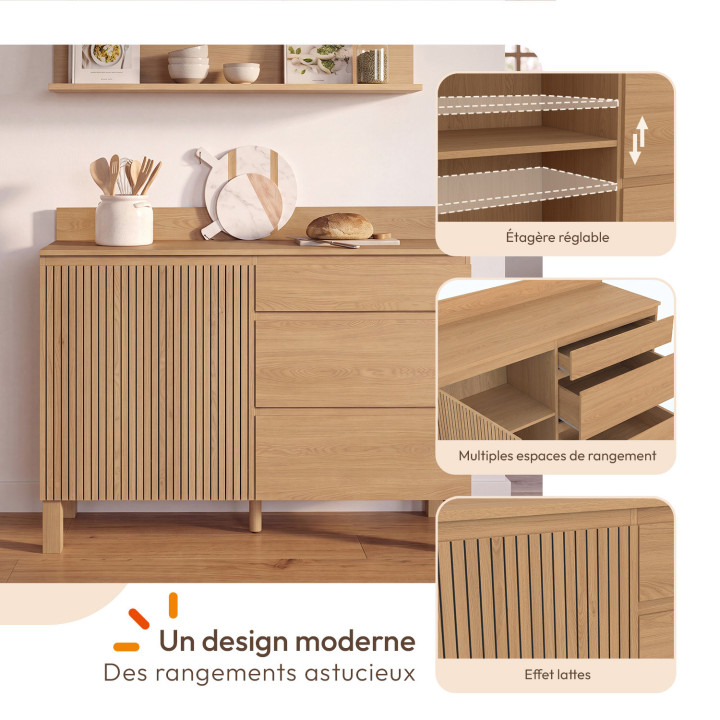 Laag keukenkastje met pannenrek, 120 cm, JULIETTE, werkblad H.83 cm, 1 deur + 3 lades, lattenlook met houten latten