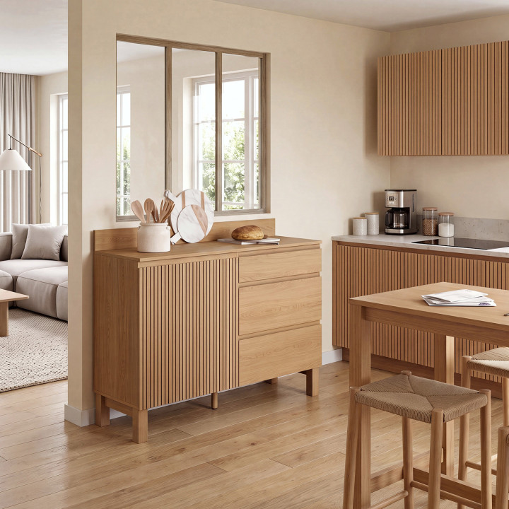 Buffet bas casserolier de cuisine 120 cm JULIETTE plan de travail H.83 cm 1 porte + 3 tiroirs effet lattes tasseau bois