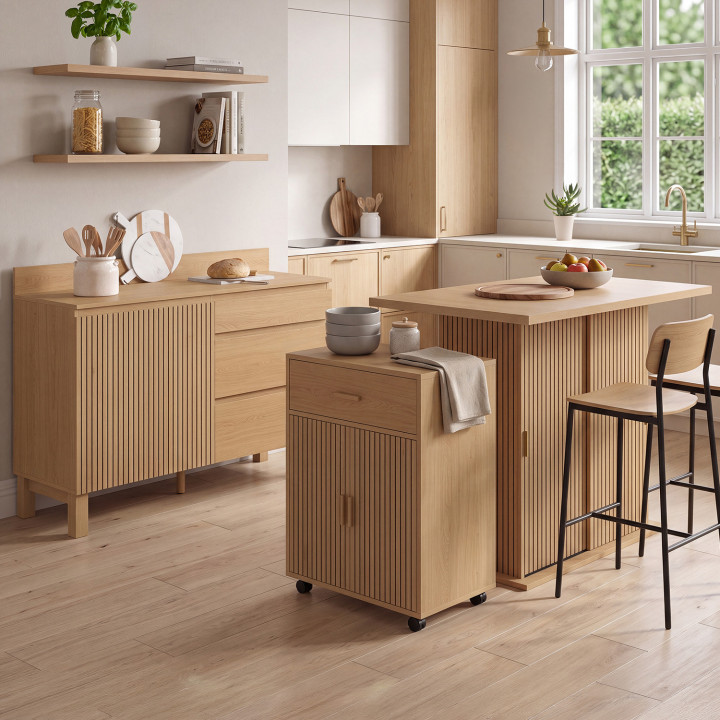 Laag keukenkastje met pannenrek, 120 cm, JULIETTE, werkblad H.83 cm, 1 deur + 3 lades, lattenlook met houten latten