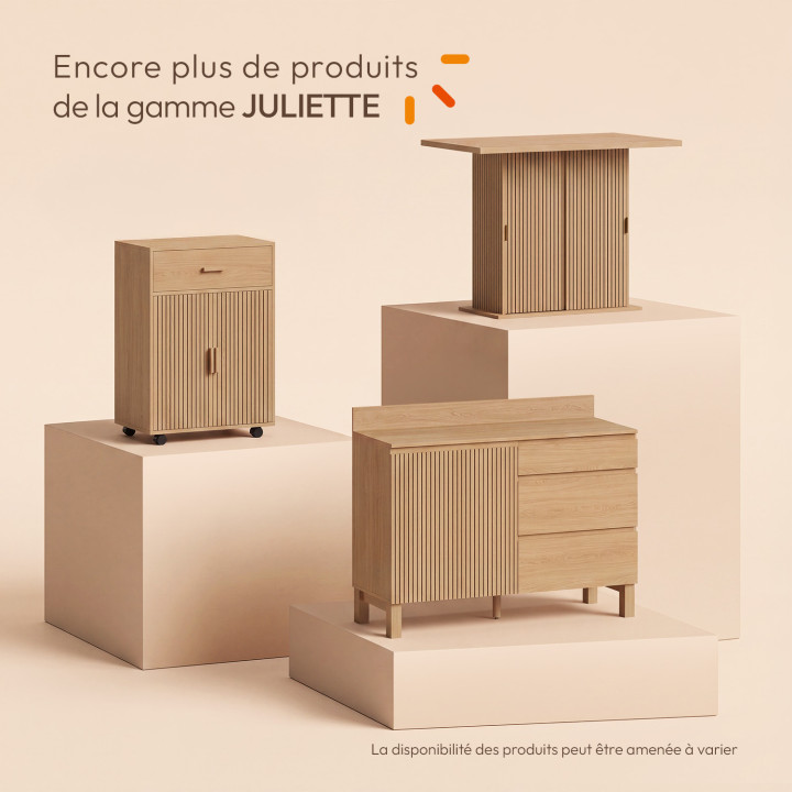 Buffet bas casserolier de cuisine 120 cm JULIETTE plan de travail H.83 cm 1 porte + 3 tiroirs effet lattes tasseau bois