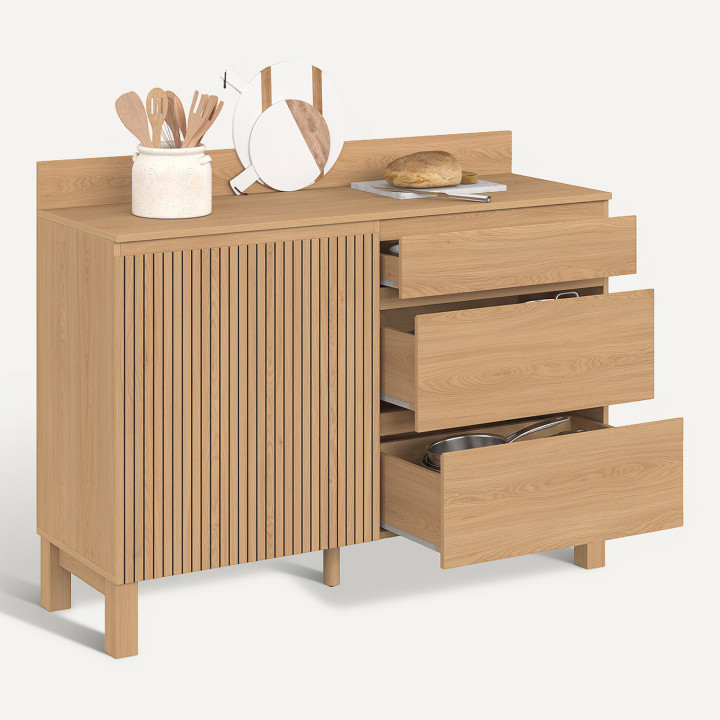 Niedriges Küchenschrank-Buffet mit Topfablage, 120 cm, Modell „JULIETTE“, Arbeitsplatte H. 83 cm, 1 Tür + 3 Schubladen, Holzlatt