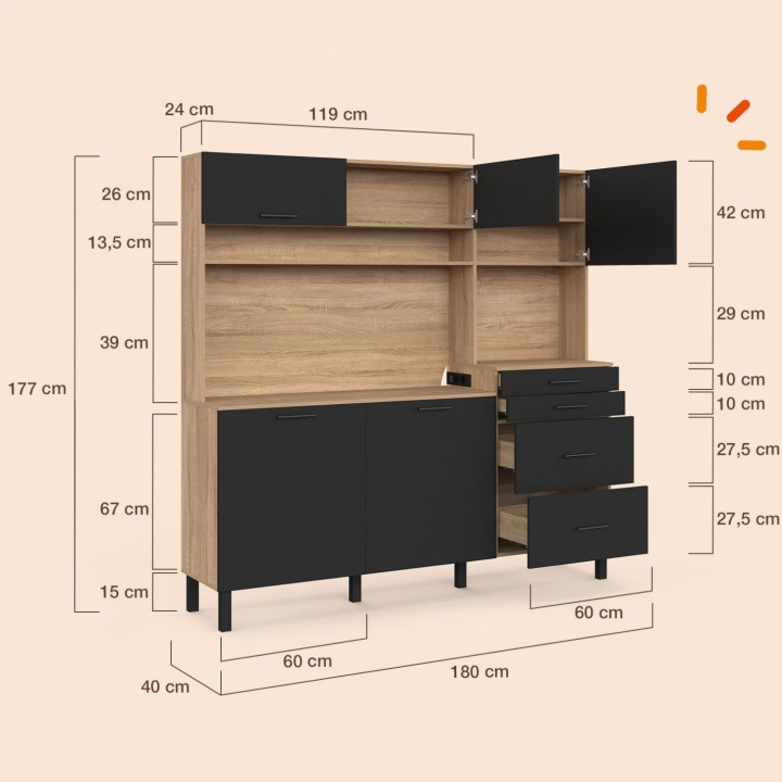 Küchenschrank mit Kochgeschirrfächern, 180 cm, Modell CINA, 5 Türen + 3 Schubladen, mit Platz für eine Mikrowelle und einer Mehr