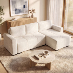 4-Sitzer-Ecksofa NUAGE 240 cm, ausklappbar, mit Stauraum, aus cremefarbenem Chenille-Stoff