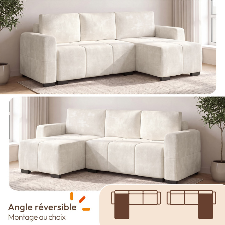 Canapé d'angle convertible NUAGE 240 cm avec coffre de rangement en tissu chenille crème