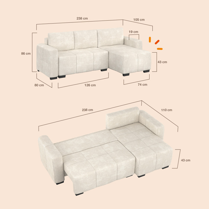 Divano ad angolo trasformabile a 4 posti NUAGE 240 cm con vano portaoggetti, in tessuto chenille color crema