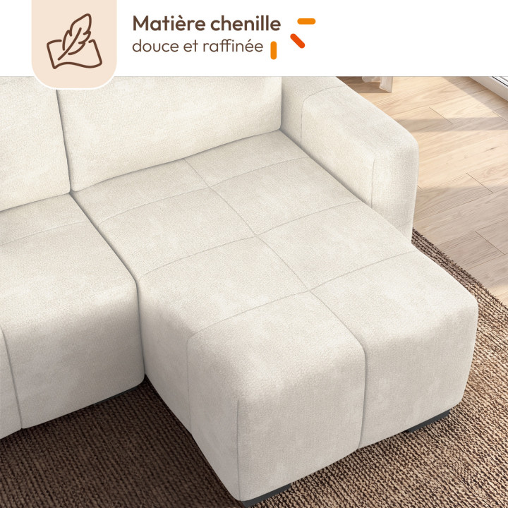 4-Sitzer-Ecksofa NUAGE 240 cm, ausklappbar, mit Stauraum, aus cremefarbenem Chenille-Stoff