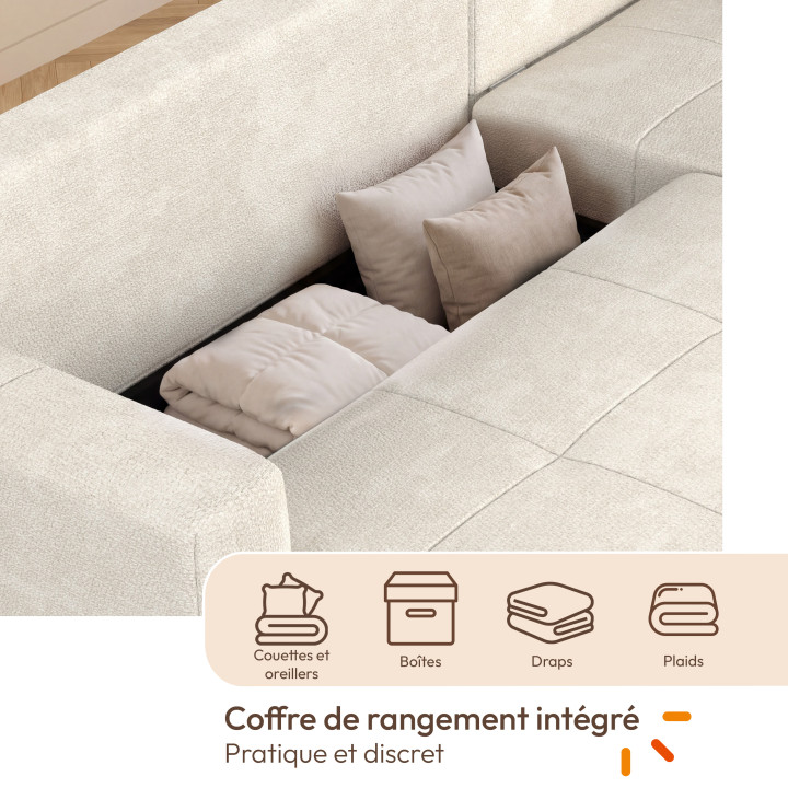 Canapé d'angle convertible NUAGE 240 cm avec coffre de rangement en tissu chenille crème